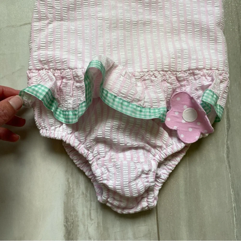 Funtasia Too! Light Pink Seersucker One-Piece Swimsuit with Smocked Back, 4T